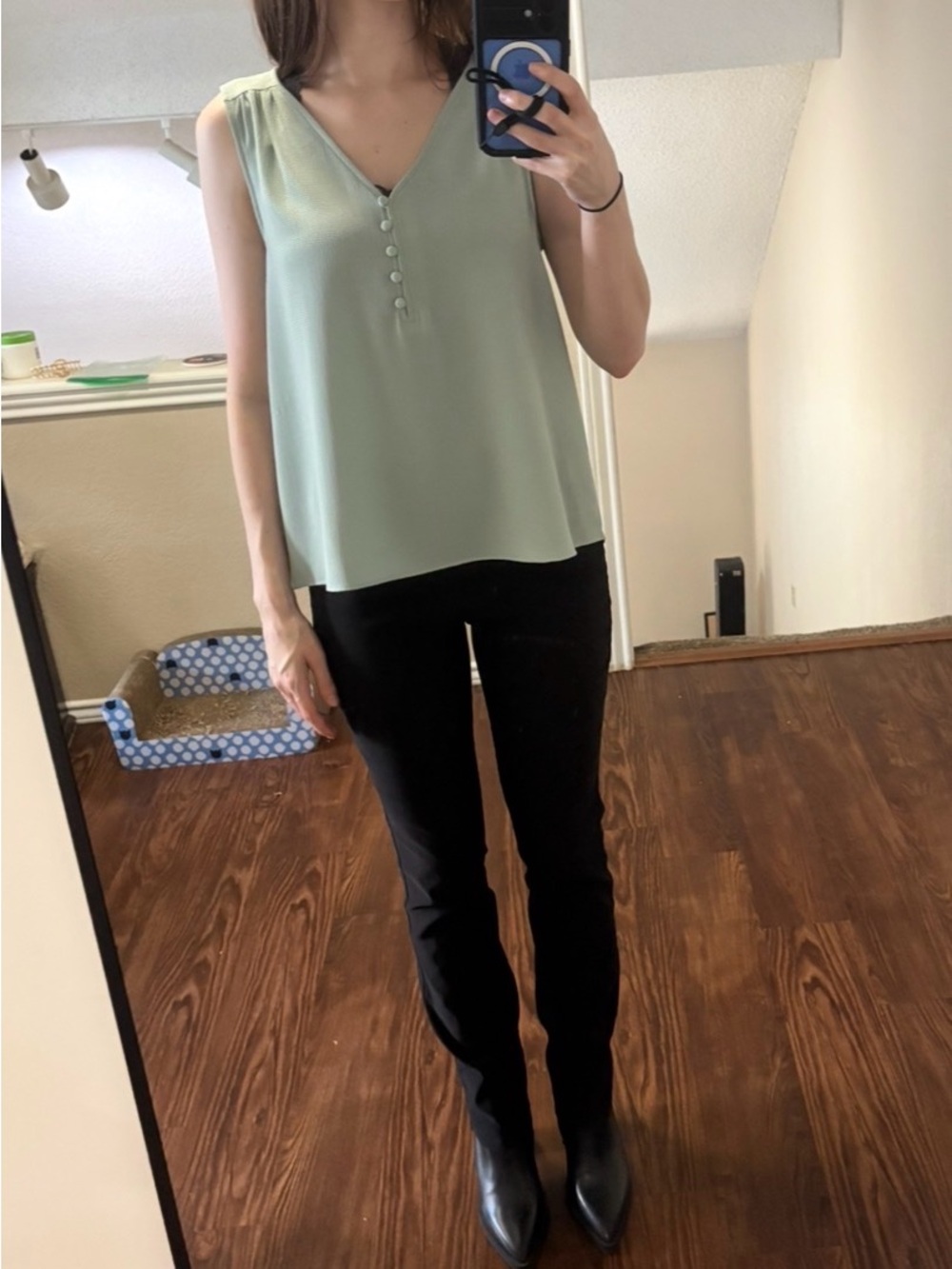 CeCe Pale Sage Green Textured V-Neck Blouse